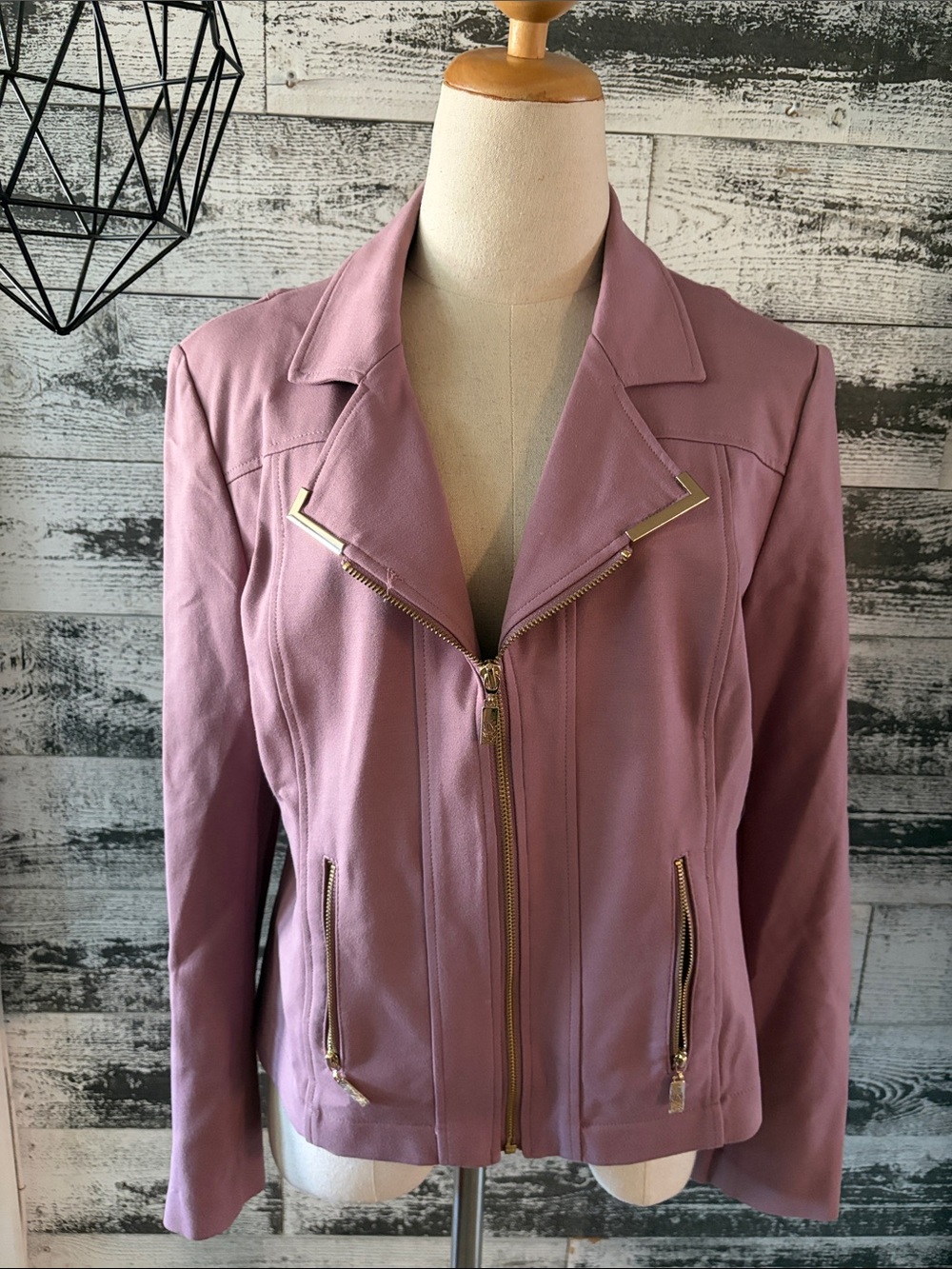 Anne Klein Womens Mauve Moto Jacket with Gold Hardware